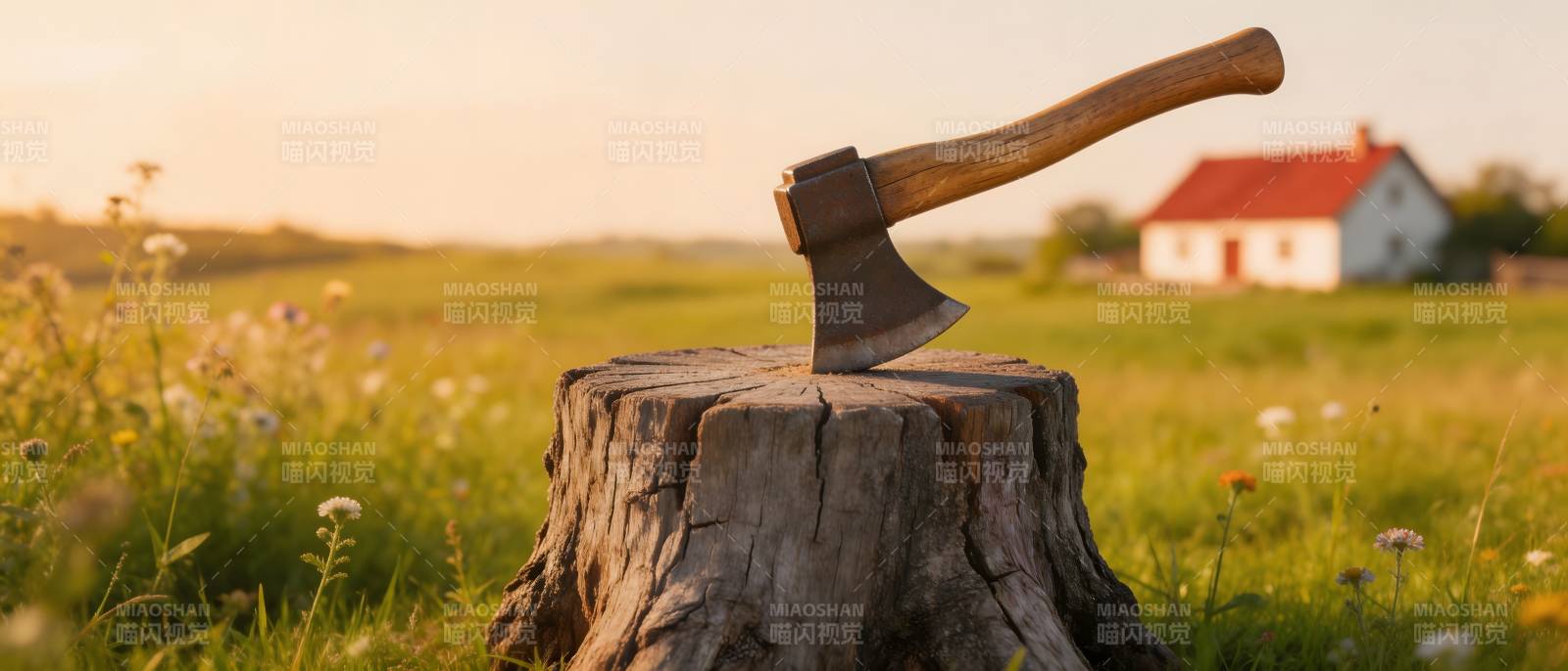 斧劈树桩 田园夕照图片