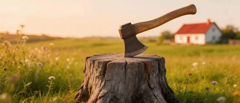 斧劈树桩 田园夕照图片