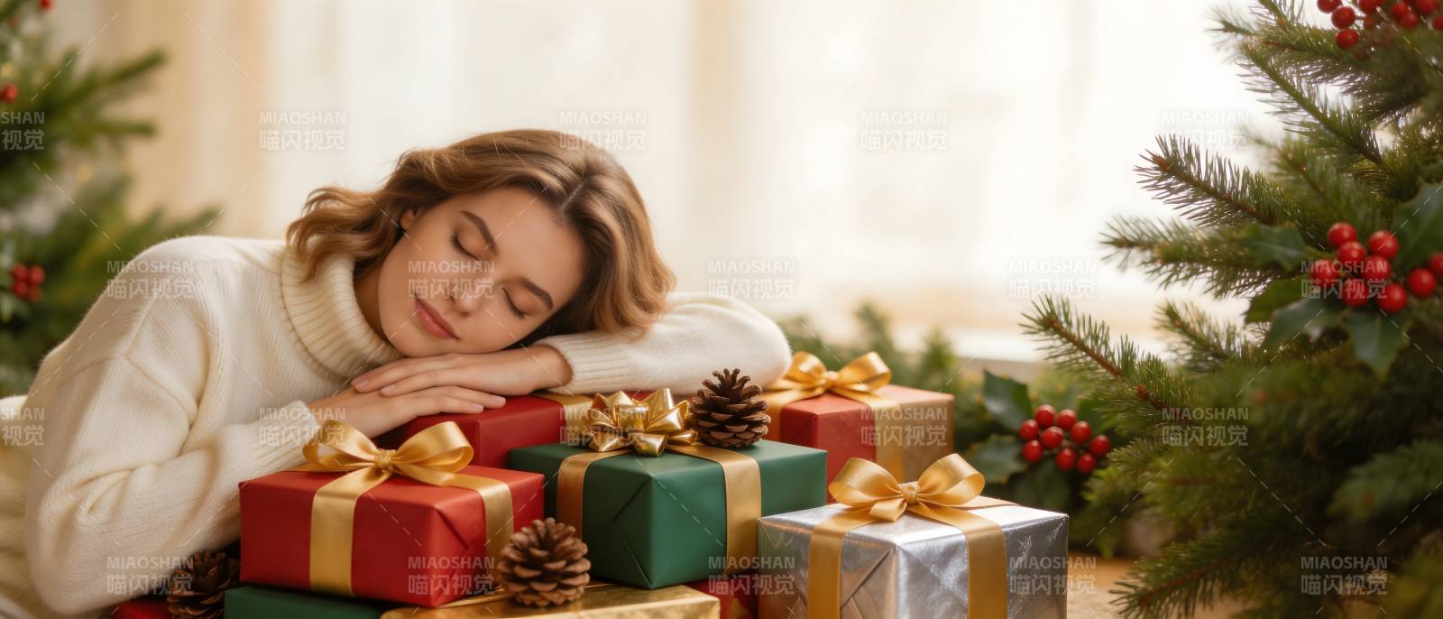 圣诞礼堆中 她甜梦入眠图片