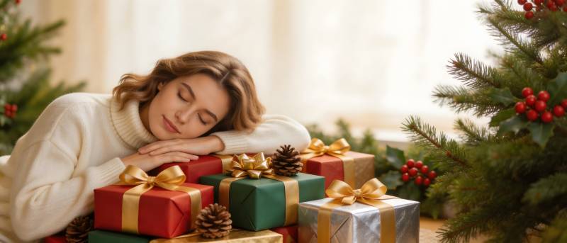 圣诞礼堆中 她甜梦入眠图片