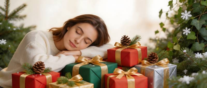 圣诞礼物旁的甜梦少女图片