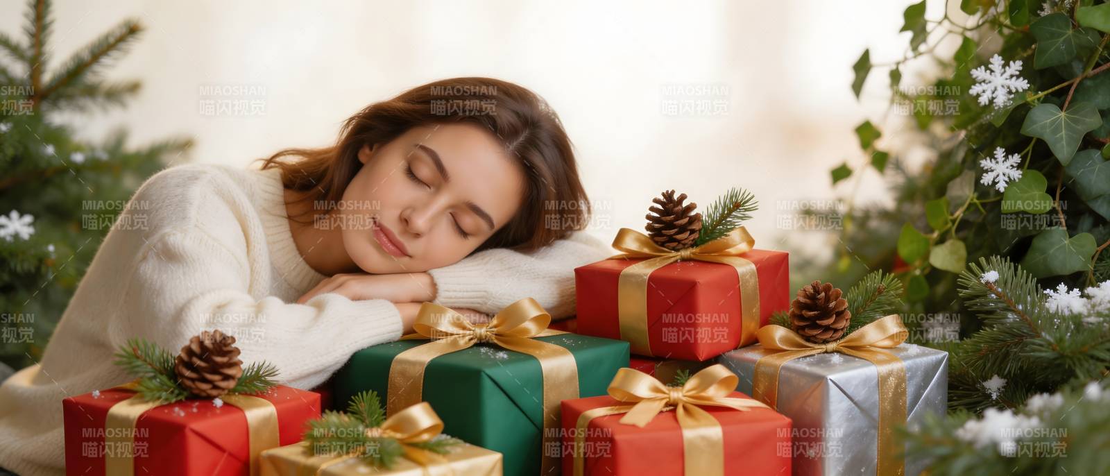 圣诞礼物旁的甜梦少女图片