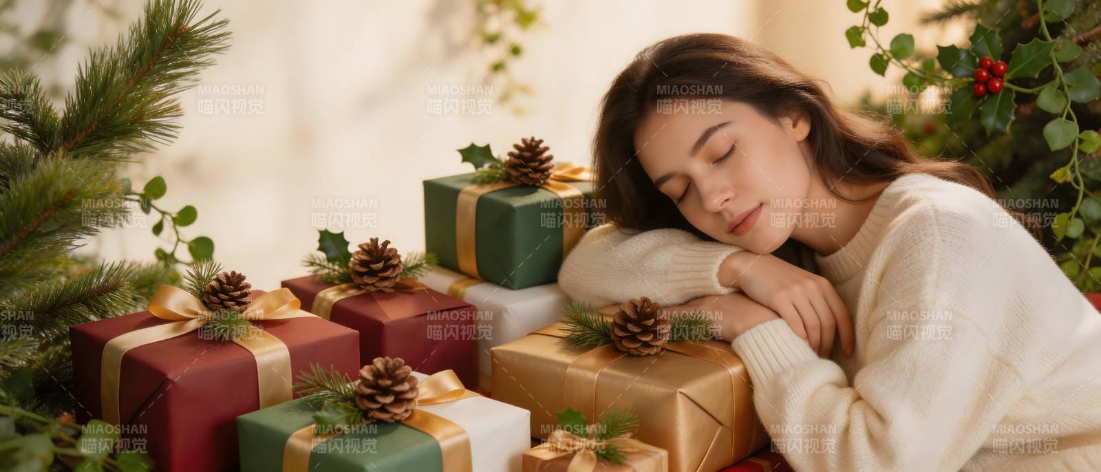 圣诞礼堆旁 少女甜梦眠图片