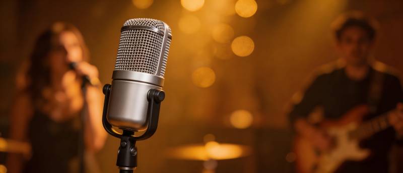 舞台麦克风与乐队演出图片