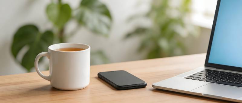 办公桌上的咖啡与笔记本图片