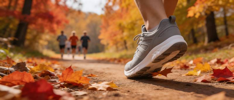 秋日林间慢跑 落叶铺径图片