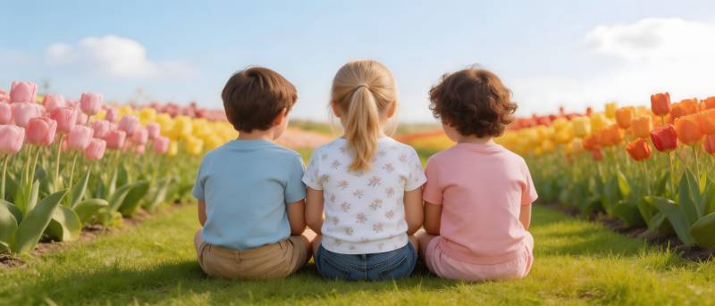 三童背坐花田望春景图片