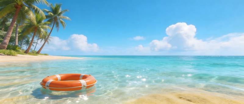 热带海滩救生圈浮于浅水图片