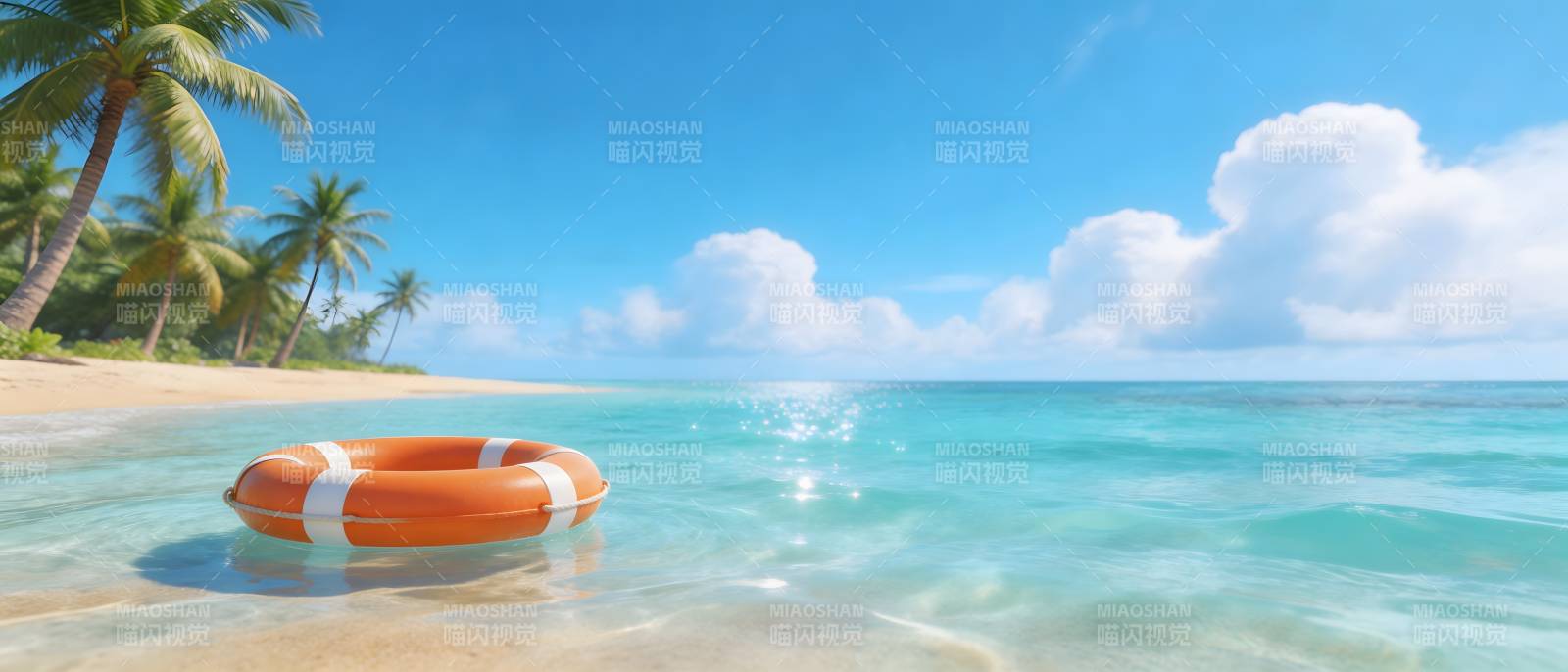 热带海滩上的橙色救生圈图片