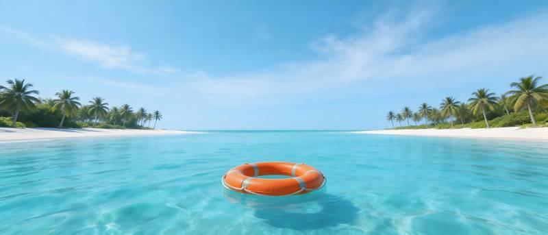 热带海滩上的橙色救生圈图片