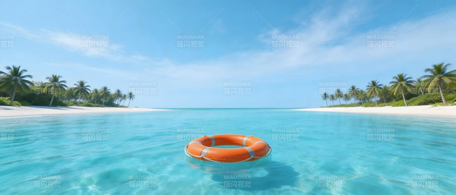 热带海滩上的橙色救生圈图片