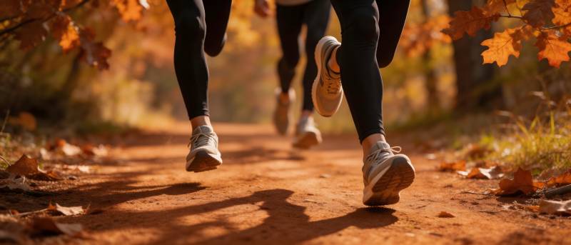 秋日林间奔跑三人影图片