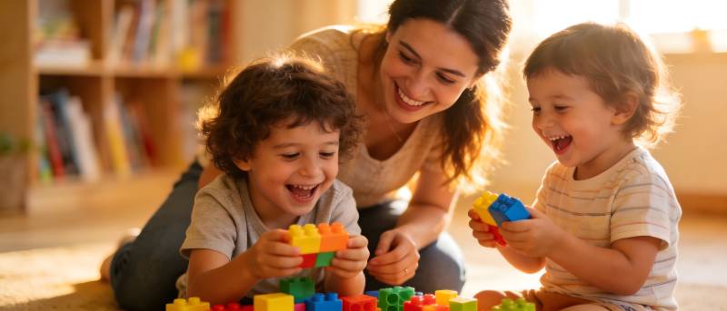 母子共玩积木乐融融图片