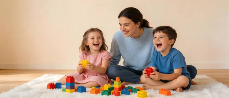 母子三人玩积木笑开怀图片