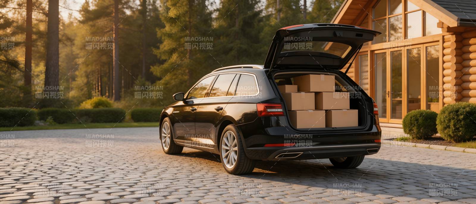 黑车装货停木屋前图片