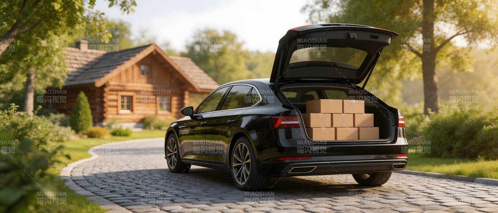黑车装货停乡间小屋前图片