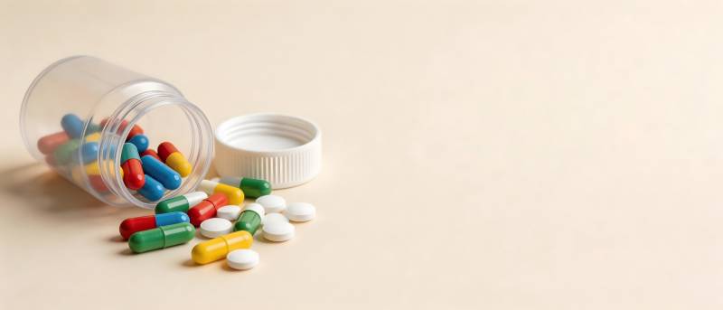 药瓶倾倒 彩丸散落桌面图片