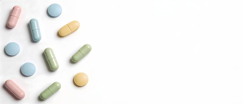 多彩药片散落白底图图片