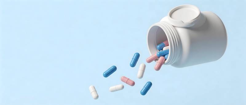 药瓶倾倒 胶囊散落蓝底图片