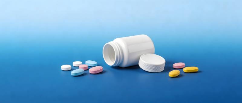 药瓶倾倒 彩色药片散落蓝底图片