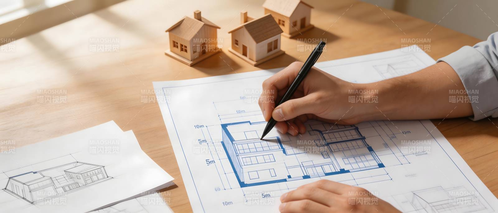 设计房屋蓝图 手握笔绘图图片