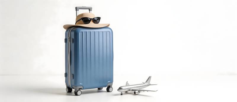 行李箱戴帽墨镜 旁有飞机模型图片