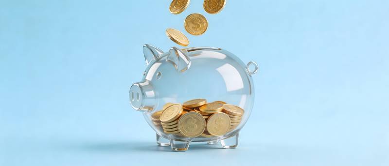 金币落入透明猪形存钱罐图片