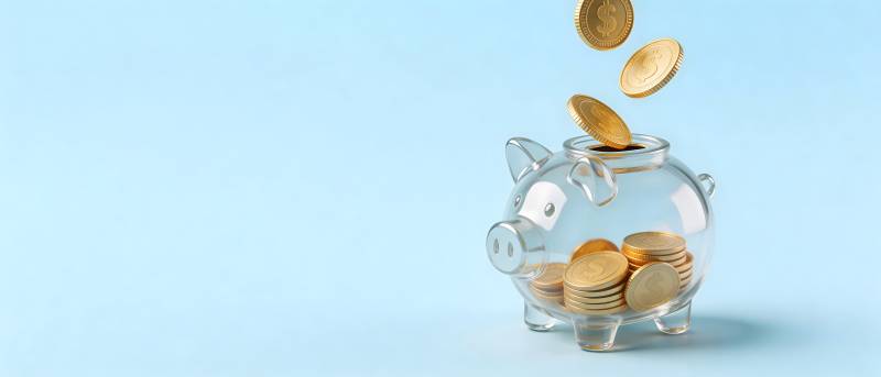 金币落入透明小猪存钱罐图片