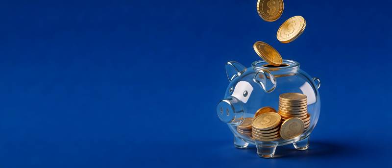 金币落入透明存钱罐图片