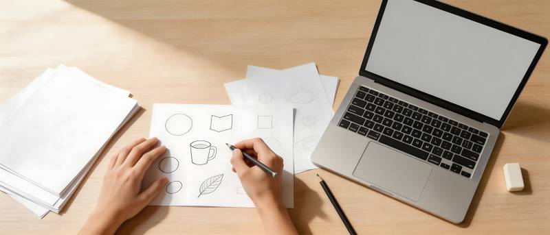 手绘设计稿与笔记本电脑工作台图片