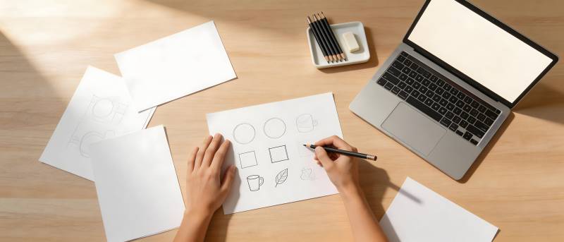 手绘草图与笔记本电脑工作台图片