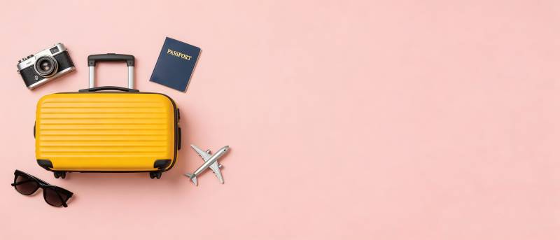 粉色背景旅行装备平铺图图片