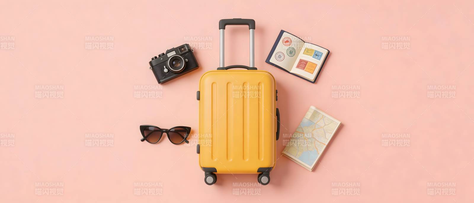 旅行必备 黄箱相机护照墨镜图片