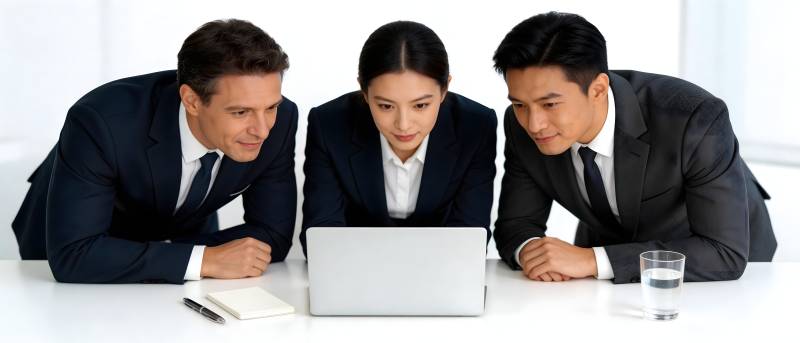 三人围看笔记本讨论工作图片