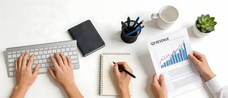 办公桌面 键盘 笔记与财报分析图片