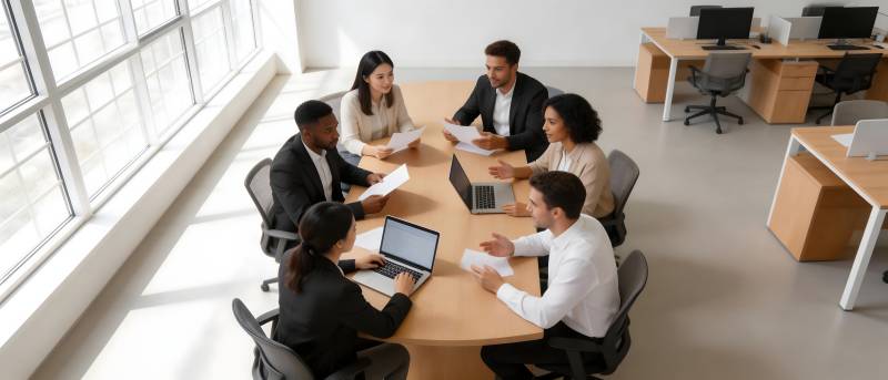 六人围桌开会讨论图片