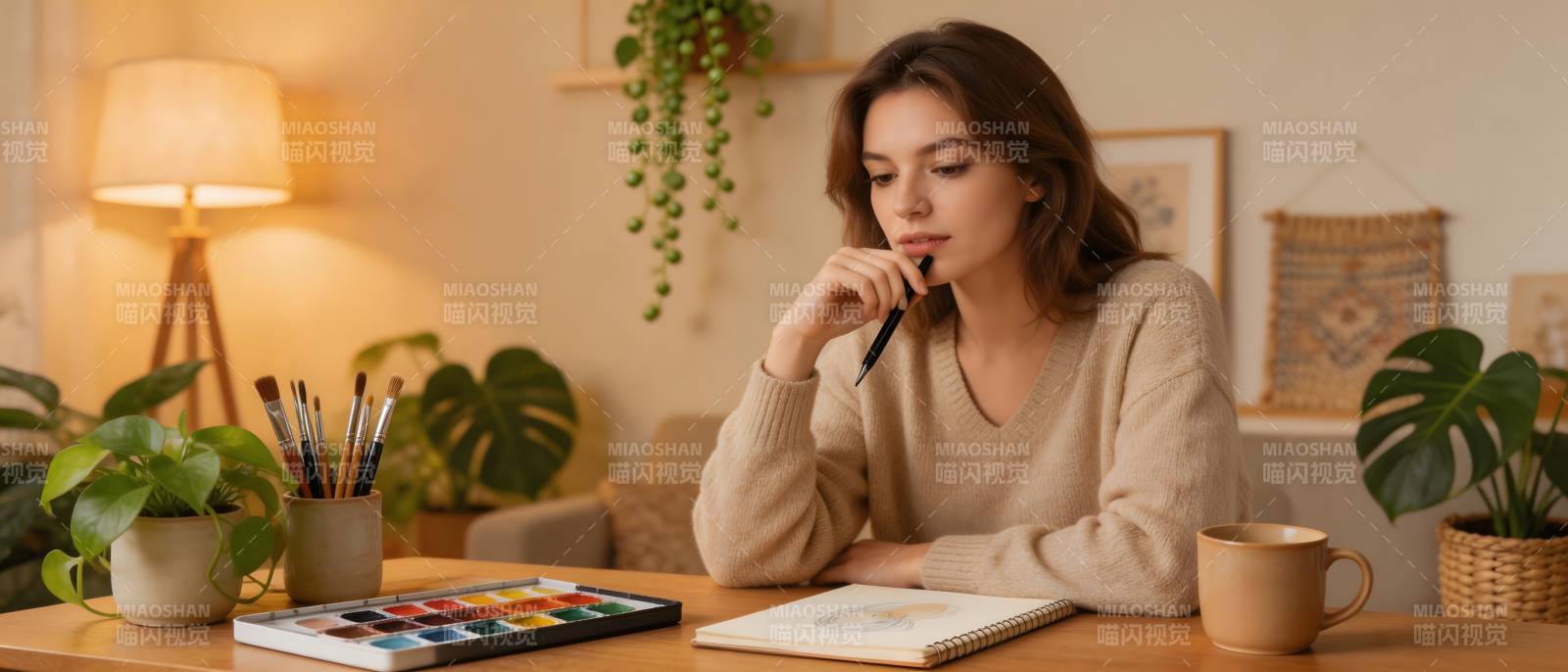 女子沉思绘画 温馨室内景图片