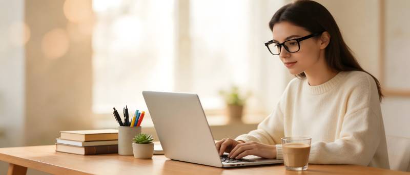 戴眼镜女子桌前用笔记本图片