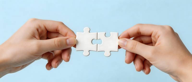 双手拼合拼图 象征合作与连接图片