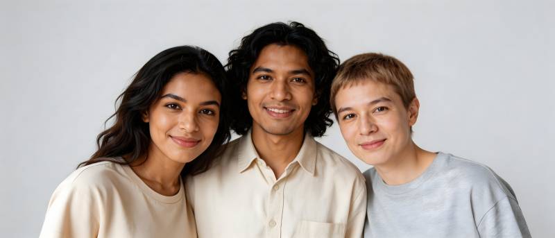 三人微笑合影 温馨自然风图片