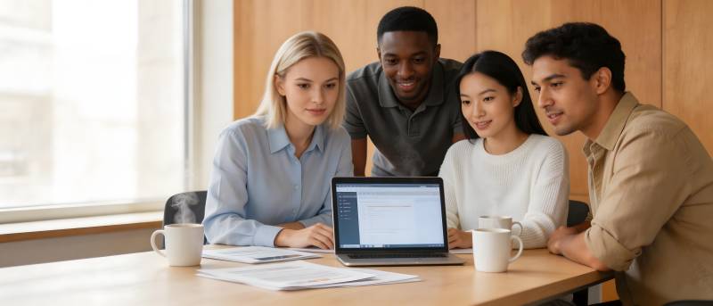 四人围桌共看笔记本图片