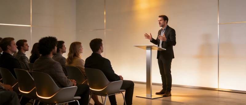 演讲者在台上发言 观众聆听图片