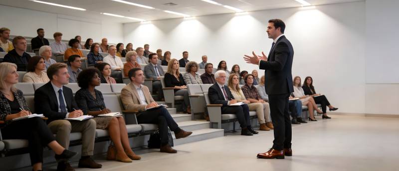 演讲者面对听众讲解图片