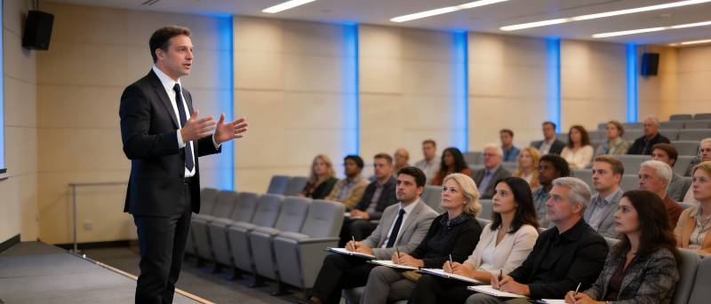 演讲者面向听众讲解图片