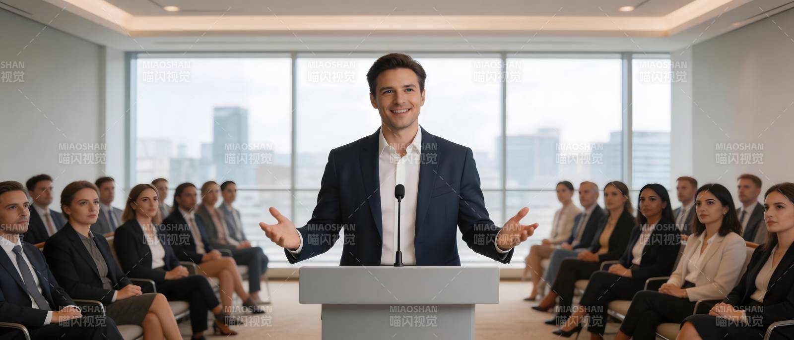 商务演讲 自信领袖面对听众图片