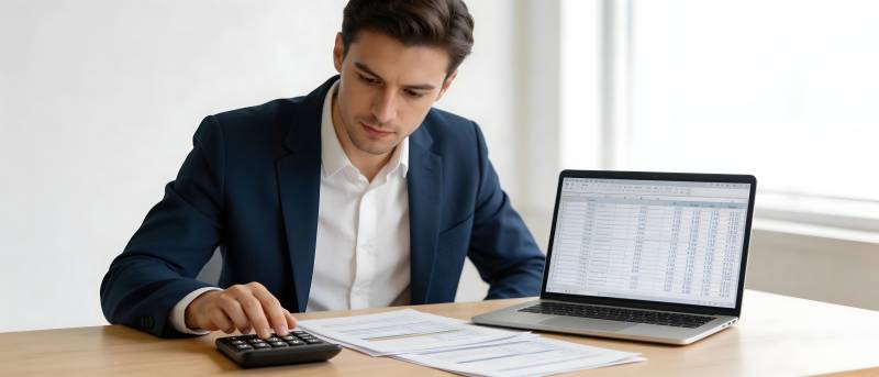 商务男办公算账用电脑图片