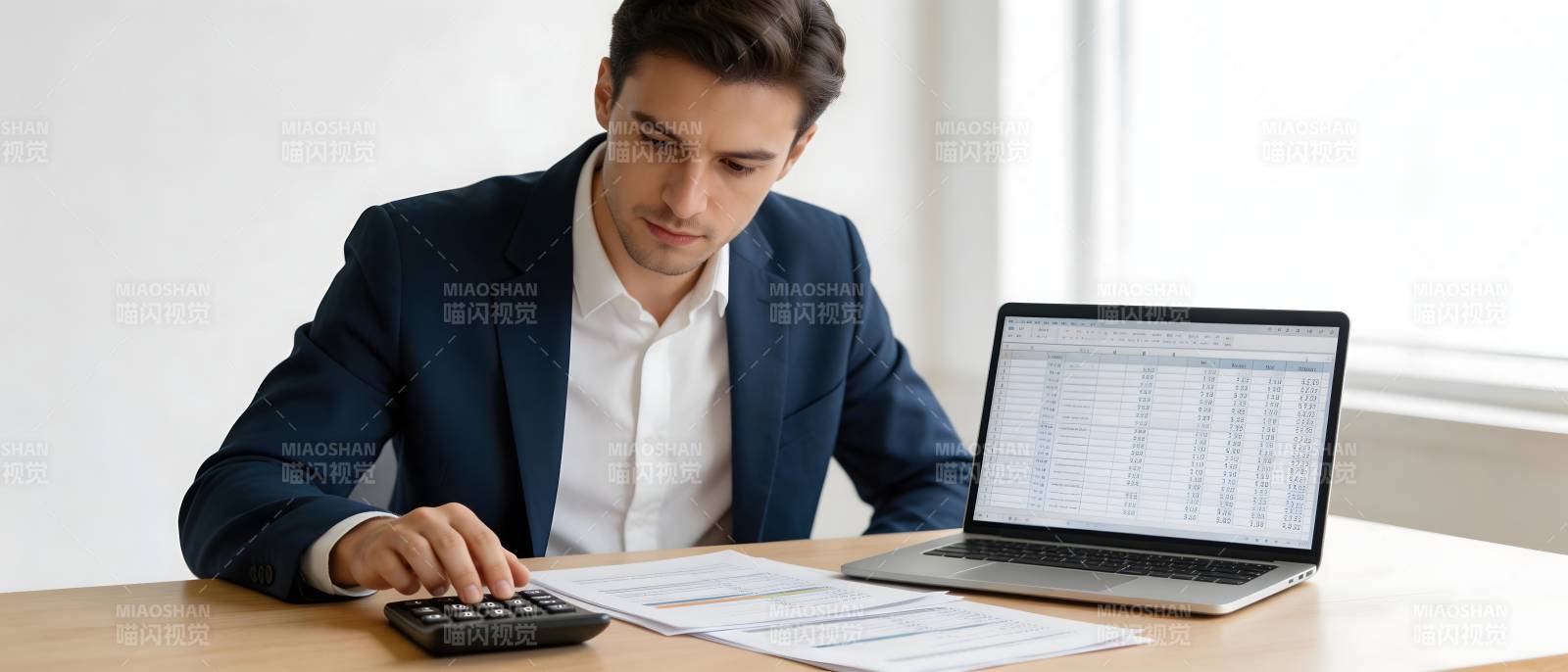 商务男办公算账用电脑图片