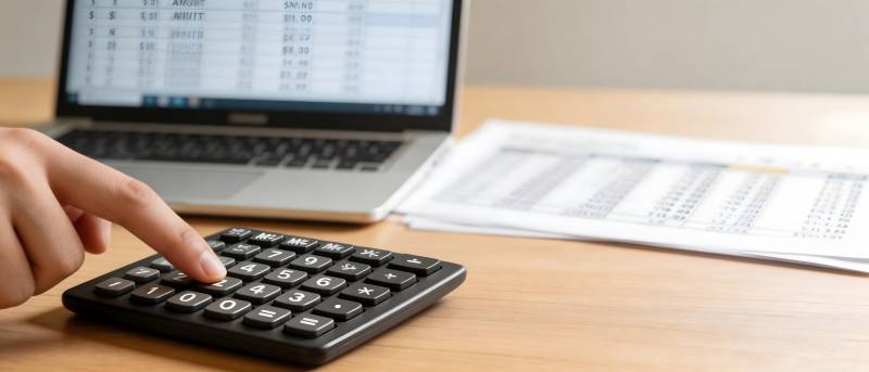 手指按计算器 旁有电脑报表图片