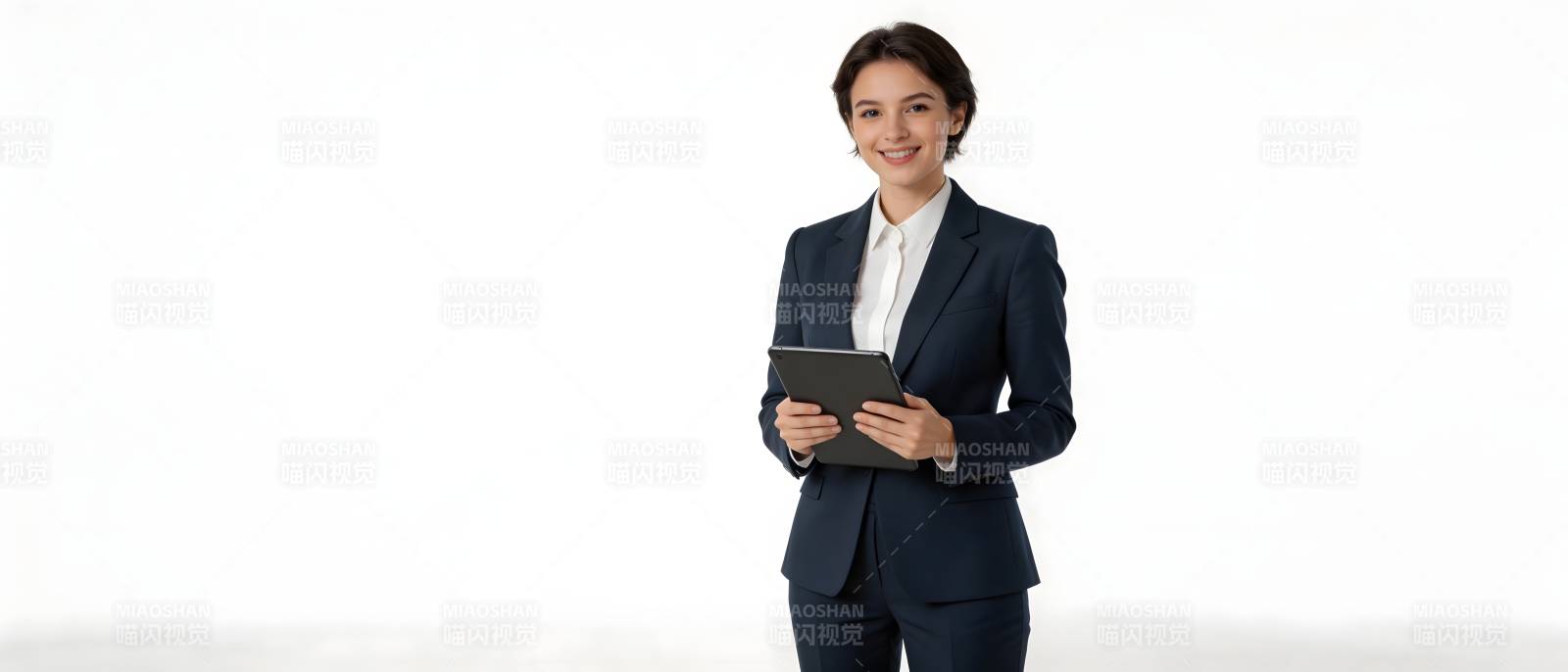 商务女性持平板微笑站立图片