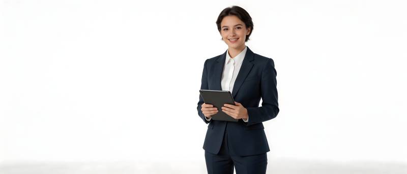 商务女性持平板微笑站立图片